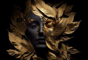 Woman sticking out of black and gold leaves. Generate Ai photo