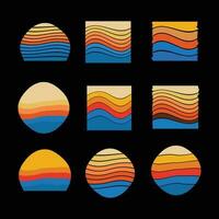 Set of vintage retro sunset illustrations vector background, 70s 80s Old Color, different shape retro sunset style Collection design element for t-shirt, prints, retro vintage striped vector