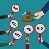 Hands holding bid paddle and auctioneer hand with gavel. Auction bidding concept design vector illustration