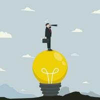 Businessman standing on light bulb with telescope. Business vision and creativity vector illustration