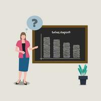 mujer presentación un ventas informe. ventas disminución reporte vector ilustración