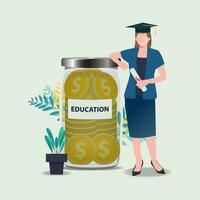 mujer con monedas en transparente vaso frasco. ahorro para educación, estudiando ciencias económicas y dinero concepto vector ilustración