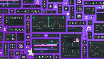 antecedentes de movimiento diseño editor Procesando herramientas. herramienta bloques gráfico película y animación edición. ui bg. conjunto de icono paneles para visual efectos realizadores de video elementos. fx botones y iconos barra de herramientas vector