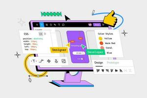 Collaborative Web Application for Interface Design. Program for Ui and Ux designers. Dashboard Colorful concept in neo brutalism style. 3d isometric vector illustration