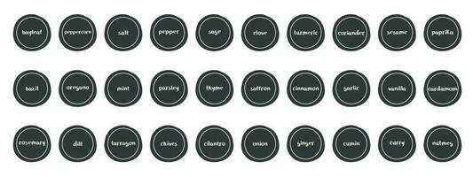 Set of round labels for spices and seasonings. Stickers for kitchen jars with salt, pepper, paprika, curry, etc. Vector minimalistic design.