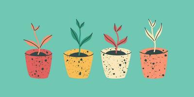 Seedling pots. The seeds germinated into sprouts of various colors. Vector flat trend illustration.