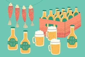 Fair of local products. Local or craft beer. Bottles of beer in a box and mugs for tasting. Vector isolated elements with textures.