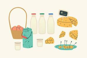 Composition of dairy products and eggs. Fair of local products. Cheese, milk and eggs. Vector isolated elements with textures.