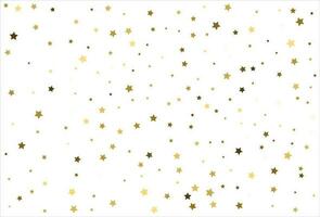 Random falling gold stars on white background. Glitter pattern for banner, greeting card, Christmas and New Year card, invitation, postcard, paper packaging vector