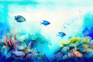 watercolor ocean water surface and underwater with fishes, ai generation photo