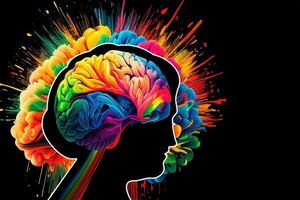 Silhouette of human head brain with colorful paint splashes on black background, banner, ai generation photo