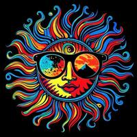 Hand drawn sun with sunglasses on a black background, Pop Art, ai generation photo