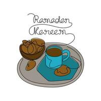 One continuous line drawing of dates in plates and one glass drin for iftar ramadan. arabian food in simple linear style. food for  iftar ramadan celebration design concept. Vector illustration