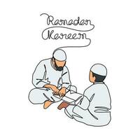 Father and his son learning of Quran during ramadhan time in continuous line art drawing style. design with Minimalist black linear design isolated on white background. Vector illustration