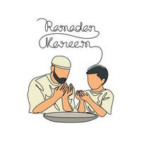 Father and his son iftar or open fasting ramadhan time in continuous line art drawing style. design with Minimalist black linear design isolated on white background. Vector illustration