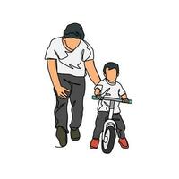 a father is teaching his son to use a bicycle in continuous line art drawing style. design with Minimalist black linear design isolated on white background. Sport themes Vector illustration  Keywords