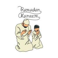 Father and his son are praying the mosque during ramadhan time in continuous line art drawing style. design with Minimalist black linear design isolated on white background. Vector illustration