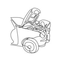 One continuous line drawing of a mechanic is repairing the car. Automotive design concept with simple linear style. Automotive vector design illustration concept.