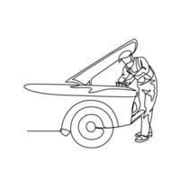 One continuous line drawing of a mechanic is repairing the car. Automotive design concept with simple linear style. Automotive vector design illustration concept.