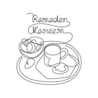 One continuous line drawing of dates in plates and one glass drin for iftar ramadan. arabian food in simple linear style. food for  iftar ramadan celebration design concept. Vector illustration