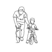 a father is teaching his son to use a bicycle in continuous line art drawing style. design with Minimalist black linear design isolated on white background. Sport themes Vector illustration  Keywords