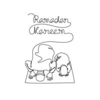 Father and his son are praying the mosque during ramadhan time in continuous line art drawing style. design with Minimalist black linear design isolated on white background. Vector illustration