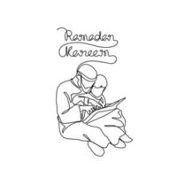 Father and his son learning of Quran during ramadhan time in continuous line art drawing style. design with Minimalist black linear design isolated on white background. Vector illustration