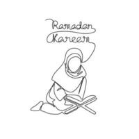 moslem Woman read Quran in the mosque during ramadhan time in continuous line art drawing style. design with Minimalist black linear design isolated on white background. Vector illustration