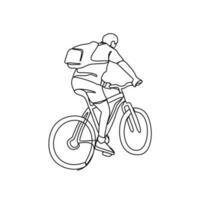 a man uses a bicycle to go to work in continuous line art drawing style. design with Minimalist black linear design isolated on white background. Sport themes Vector illustration