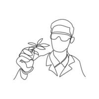 One continuous line drawing of Laboratory Officer holding a laboratory test object. Chemical and laboratory design concept with simple linear style. Laboratory vector design concept.