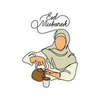 uno continuo línea dibujo de un mujer es preparando comida durante eid mubarak. eid Mubarak y Ramadán kareem diseño concepto con sencillo lineal estilo. eid Mubarak vector diseño concepto.