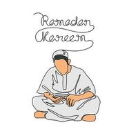 A moslem man read the Quran in the mosque during ramadhan time in continuous line art drawing style. design with Minimalist black linear design isolated on white background. Vector illustration