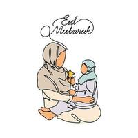 One continuous line drawing of a mother and daughter are having fun during eid mubarak. Eid mubarak and Ramadan kareem design concept with simple linear style. Eid mubarak vector design concept.