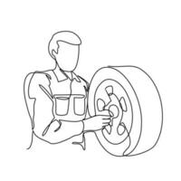 One continuous line drawing of a mechanic is repairing the wheel car. Automotive design concept with simple linear style. Automotive vector design illustration concept.