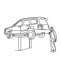 One continuous line drawing of a mechanic is repairing the car. Automotive design concept with simple linear style. Automotive vector design illustration concept.