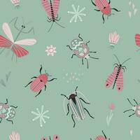 Seamless pattern with insects and floral elements on green background vector