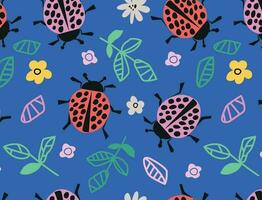 Ladybug with flowers and leaves seamless pattern. Vector illustration on a blue background.