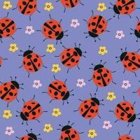 Ladybug with flowers seamless pattern. Vector illustration on a blue background.