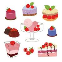 conjunto de linda vector imágenes de frambuesa postres delicioso dulces con frambuesa sabor. verano vector ilustración.