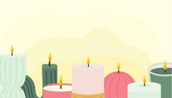 Horizontal banner with candles. Cozy background with home decor.  Stylish wax candles. Vector illustration. Set of candles. Spa salon background.