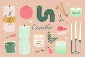 Collection of burning candles. Decorative wax candles for aromatherapy and relaxation. Different sizes and shapes.  Hand-drawn vector set. Trendy and beautiful candles. Isolated background.