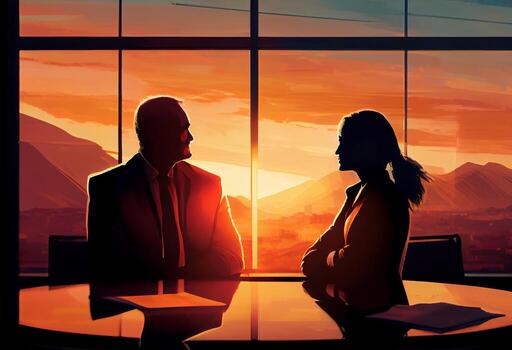 A business executive couple by a large window in the office at sunset taking a break from work. Generate Ai. photo