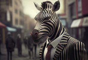 Portrait of an anthropomorphic zebra businessman roaming the city streets. Generate Ai. photo