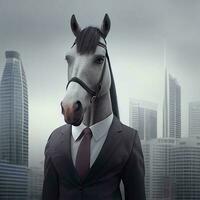 Portrait of an anthropomorphic horse businessman roaming the city streets. Generate Ai. photo