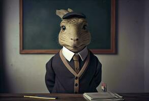 Portrait of an anthropomorphic capybara dressed as a schoolboy in a classroom. Generate Ai. photo