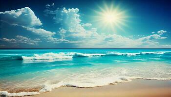 Coconut Palm tree on amazing perfect white sandy beach in island of Maldives. . Generate Ai. photo