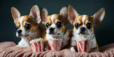 Three cute chihuahua with popcorn watching a movie in cinema. Generate Ai photo