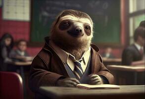 Portrait of an anthropomorphic sloth dressed as a schoolboy in a classroom. Generate Ai. photo