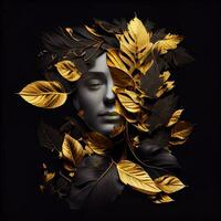 Woman sticking out of black and gold leaves. Generate Ai photo