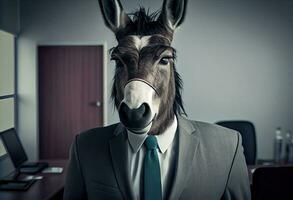 Portrait of an anthropomorphic donkey in a suit of a businessman as office worker in the modern office. Generate Ai. photo